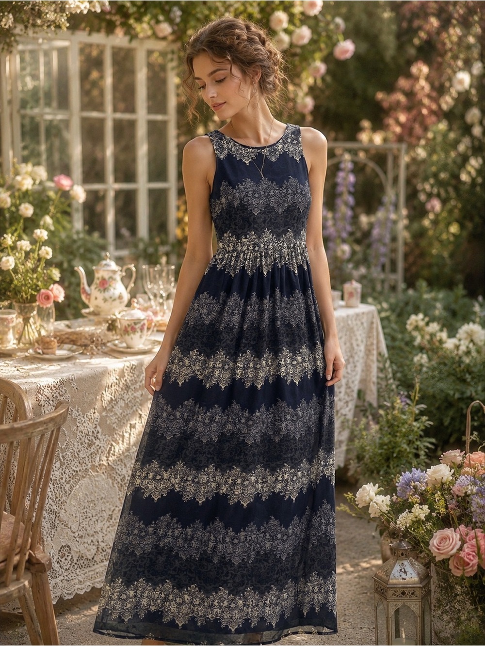 Cato Navy Cream Baroque Paisley Maxi Dress Sleeveless Empire Waist XS